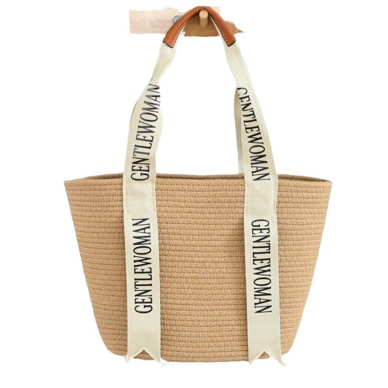 Urban Simple Letter Woven Cotton Tote Bag – Large Capacity Summer Beach Bag for Women