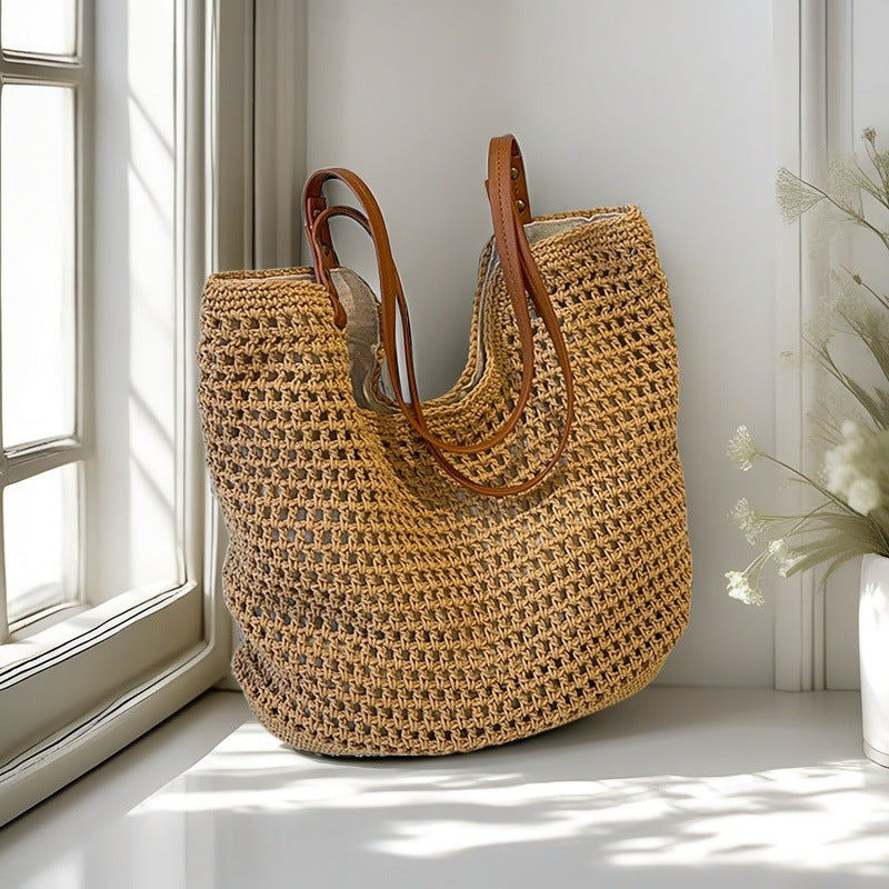 Hand-Woven Cotton Thread Shoulder Bag – Large Capacity Cut-Out Beach Handbag