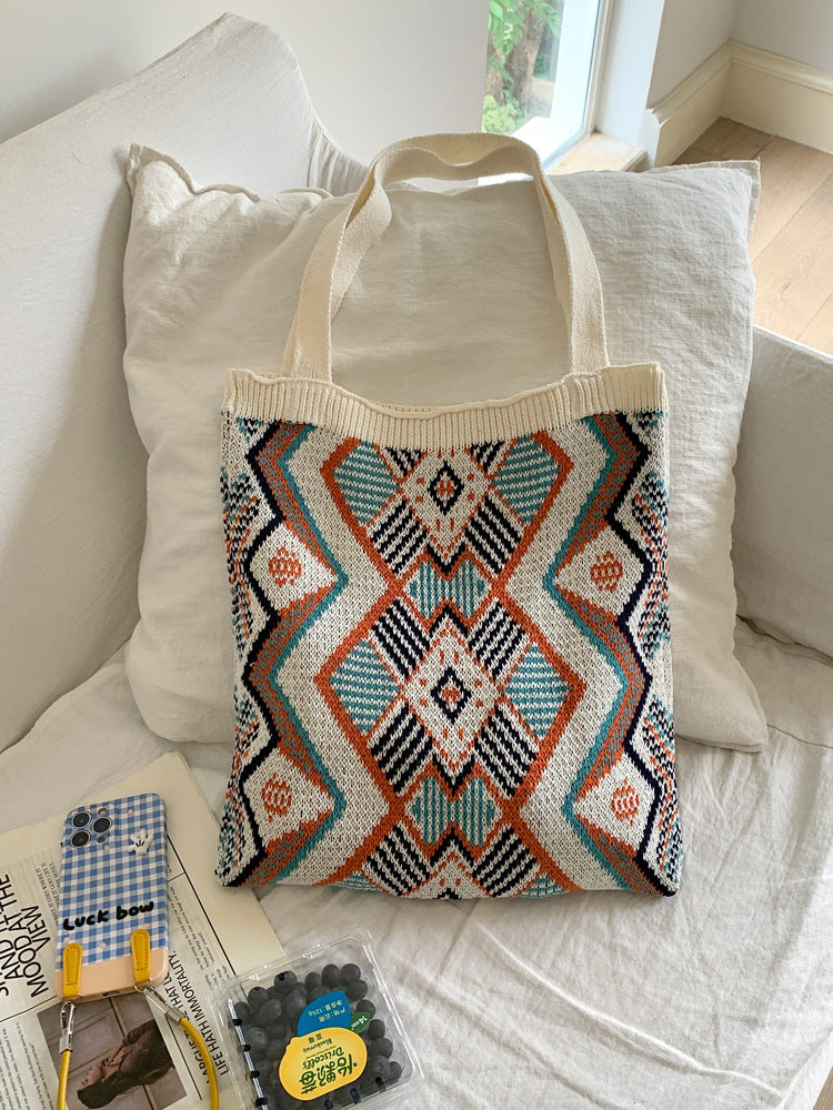 Knitted Color Block Woven Tote Bag for Women – Large Capacity Beach & Shopping Shoulder Bag