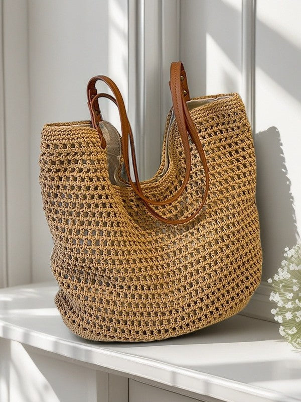 Hand-Woven Cotton Thread Shoulder Bag – Large Capacity Cut-Out Beach Handbag