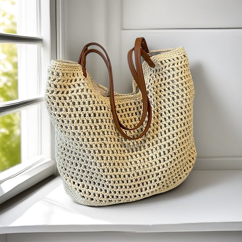 Hand-Woven Cotton Thread Shoulder Bag – Large Capacity Cut-Out Beach Handbag