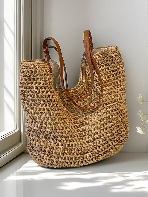 Hand-Woven Cotton Thread Shoulder Bag – Large Capacity Cut-Out Beach Handbag
