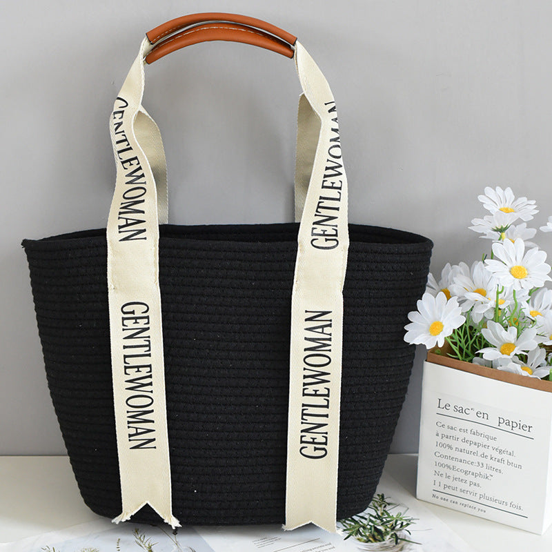 Urban Simple Letter Woven Cotton Tote Bag – Large Capacity Summer Beach Bag for Women