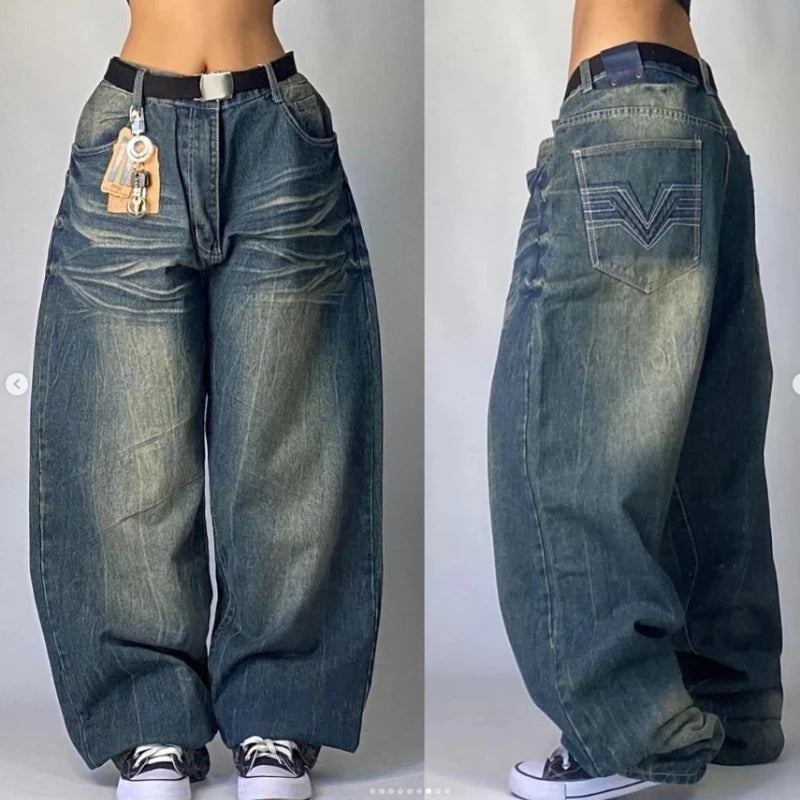 Women's American Harajuku Retro High Waist Baggy Wide-Leg Jeans – Y2K Gothic Streetwear Washed Denim | Multiple Colors | S–XXL | FBA Vibes