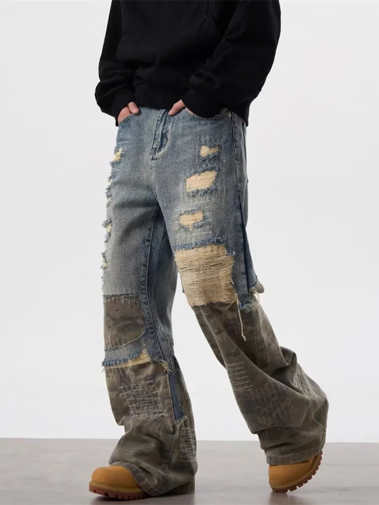 Men's American Retro Y2K Camouflage Patchwork Baggy Ripped Straight Leg Jeans – Vintage Blue Streetwear Denim | S–3XL | FBA Vibes