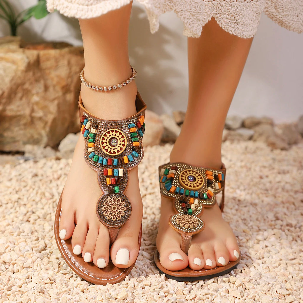 FBA Women's Vintage Bohemian Thong Sandals | Ethnic Soft Bottom Shoes
