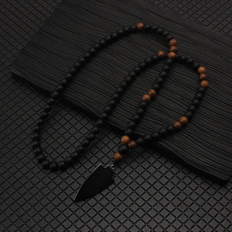 FBA 8mm Matte Black Wood Hematite Arrow Pendant Necklace | Unisex Boho Jewelry