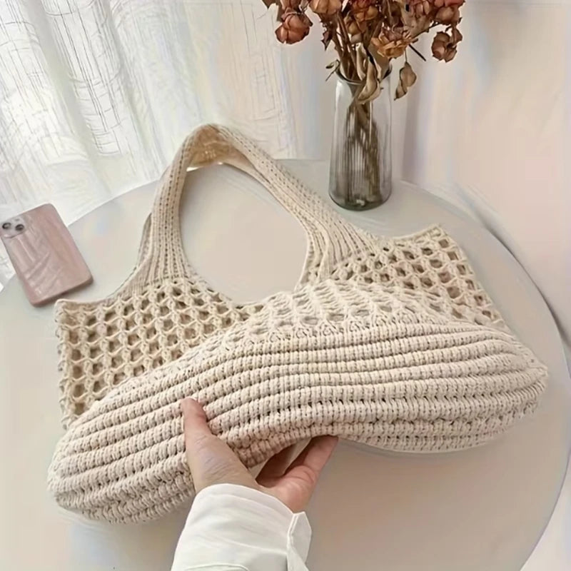 Ladies' Large Capacity Crochet Openwork Weave Tote Bag – Eco-Friendly Shopping & Travel Shoulder Bag