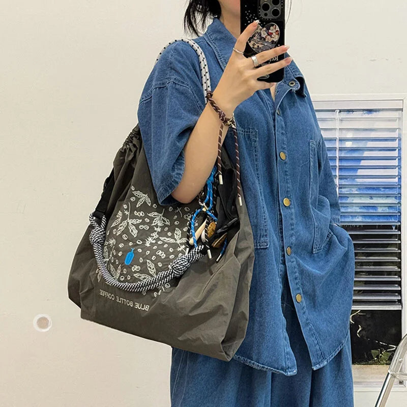 Nylon Embroidered Tote Bag – Large Capacity Lightweight Shoulder & Shopping Bag