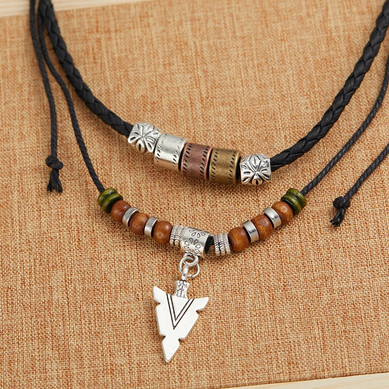 FBA Hip Hop Tribal Arrow Pendant Double Beaded Necklace | Men's Retro Jewelry