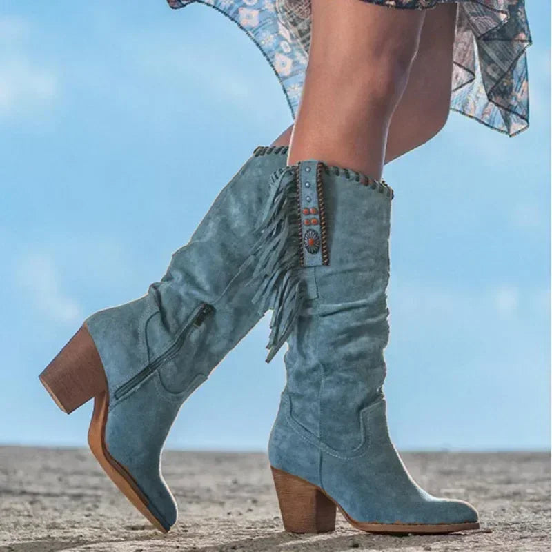 Women's Retro Metal Buckle Tassel Western Cowboy Knee-High Boot