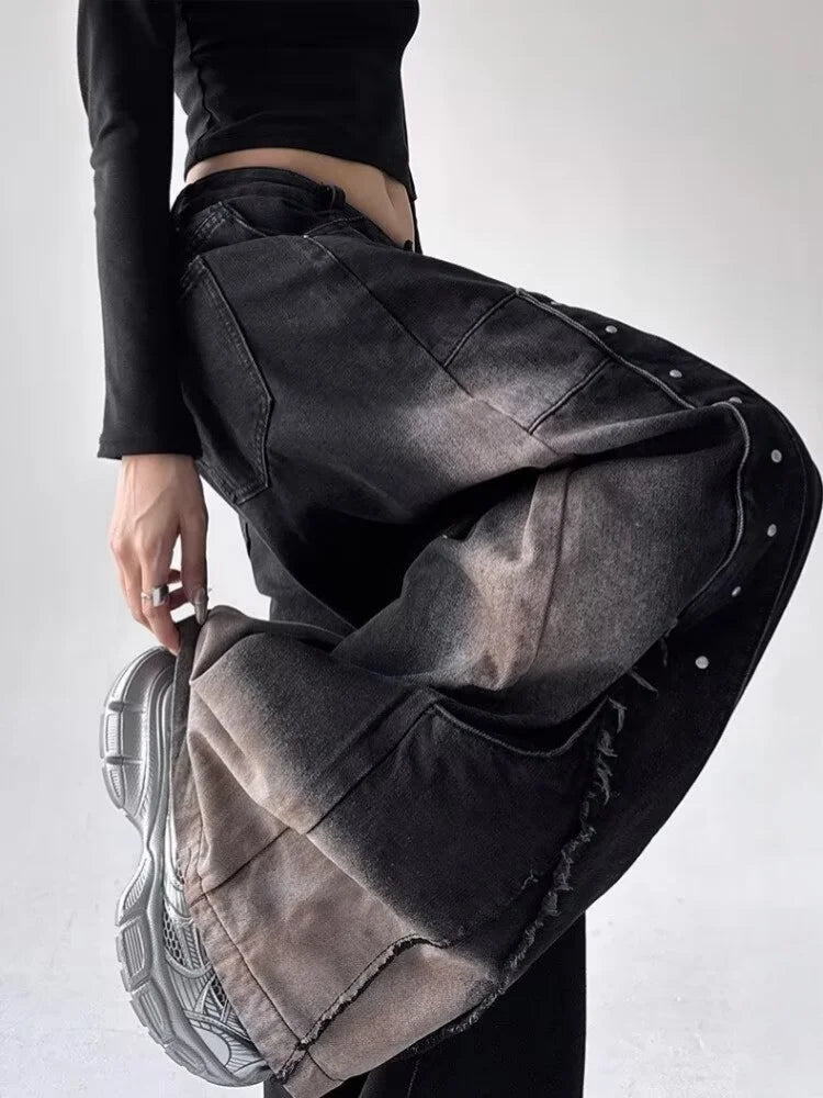 Women's American Retro Y2K Patchwork Wide-Leg Jeans – Baggy Stacked Denim Trousers | Vintage Black & Blue | S–XXXL | FBA Vibes