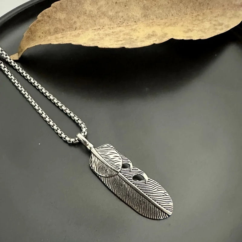FBA Feather Print Stainless Steel Pendant Necklace | Street Style Jewelry