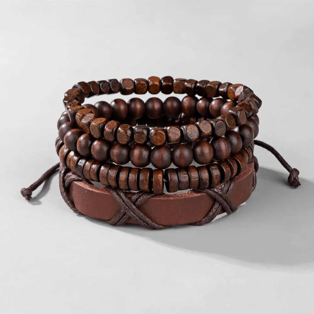 FBA Black Skull Beaded Leather Bracelet for Men | Buddhist Punk Jewelry