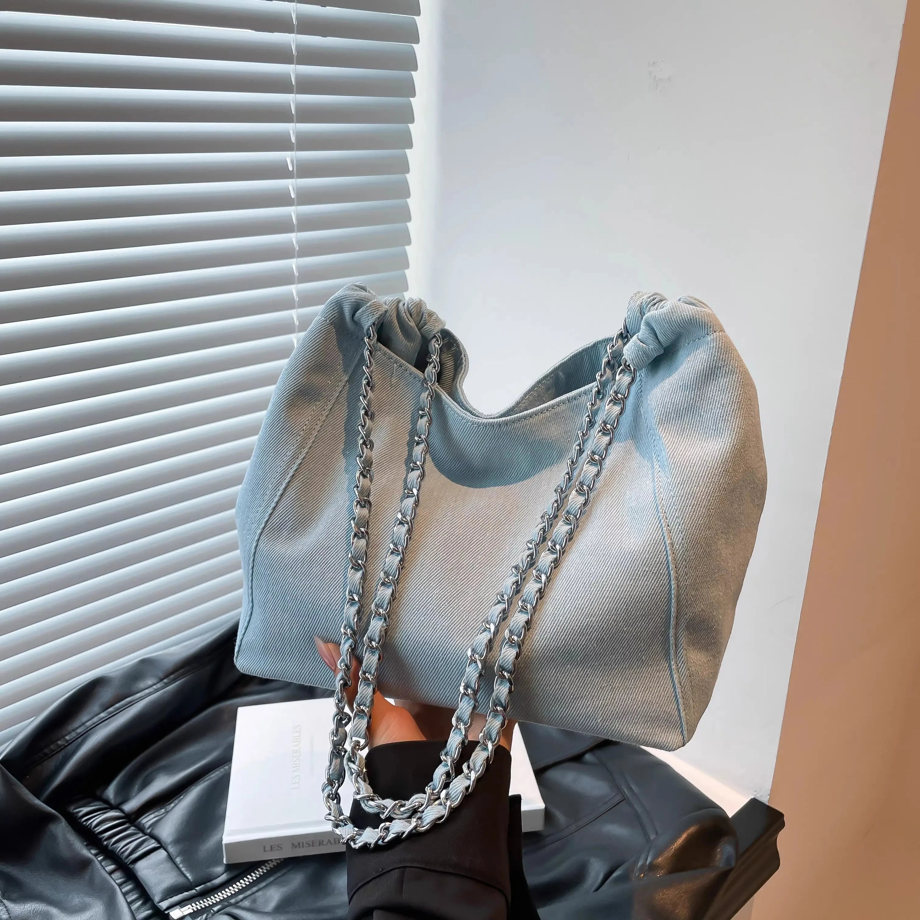 Denim Chain Shoulder Bag for Women – Large Capacity Korean Fashion Crossbody Tote