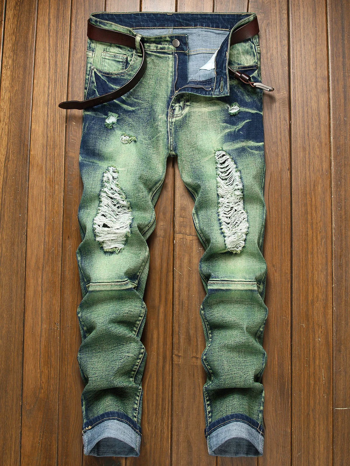 Men's Retro Hip Hop Slim Fit Patchwork Motorcycle Jeans – Pencil Trousers Distressed Streetwear Denim | Green | W28–W42 | FBA Vibes