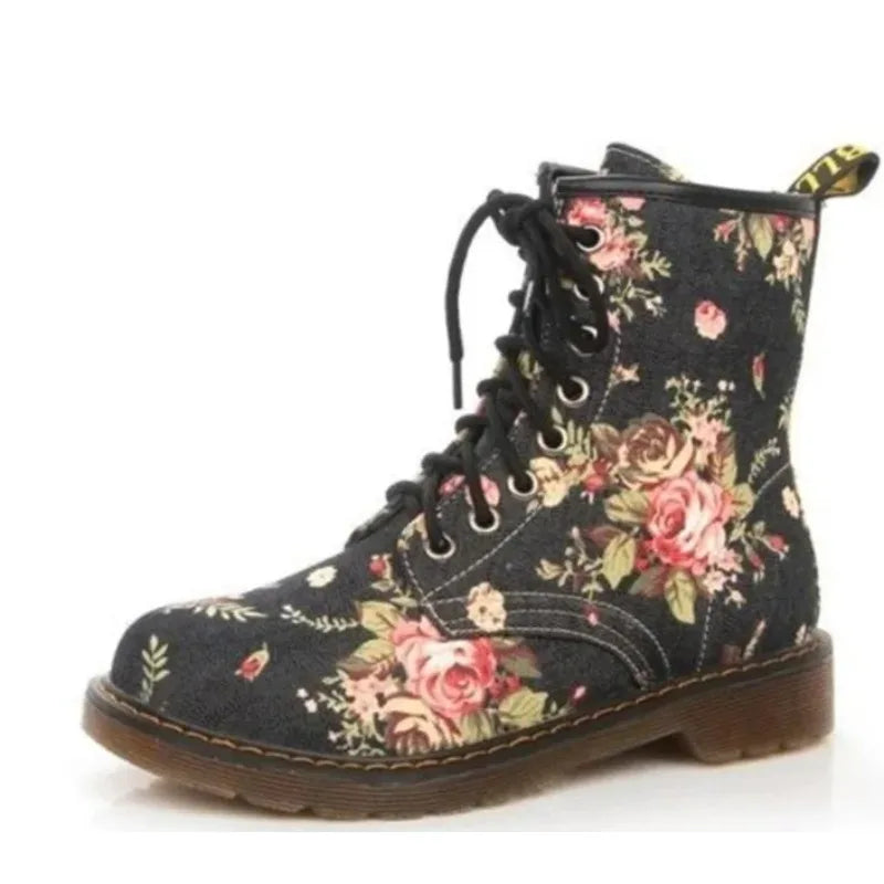 Women's Floral Print Ankle Boot — Lace-Up, Flat, Non-Slip