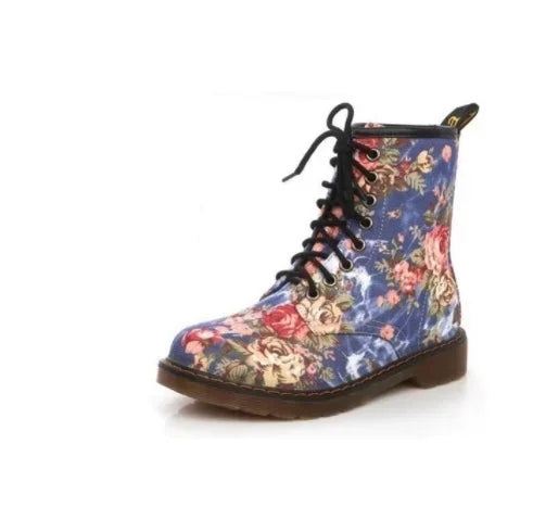 Women's Floral Print Ankle Boot — Lace-Up, Flat, Non-Slip