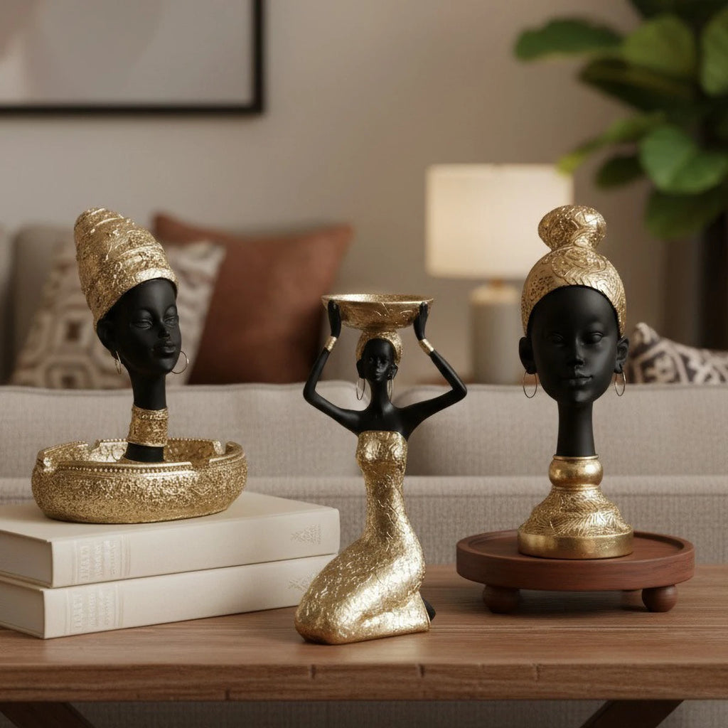 African-Style Resin Sculpture | Black & Gold Candle Holder & Decorative Accent