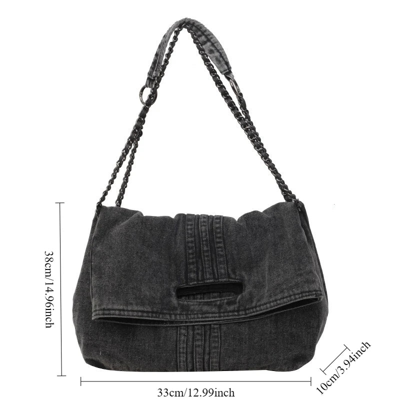Denim Tote Bag with Chain Strap – Large Capacity Commuter Crossbody Bag