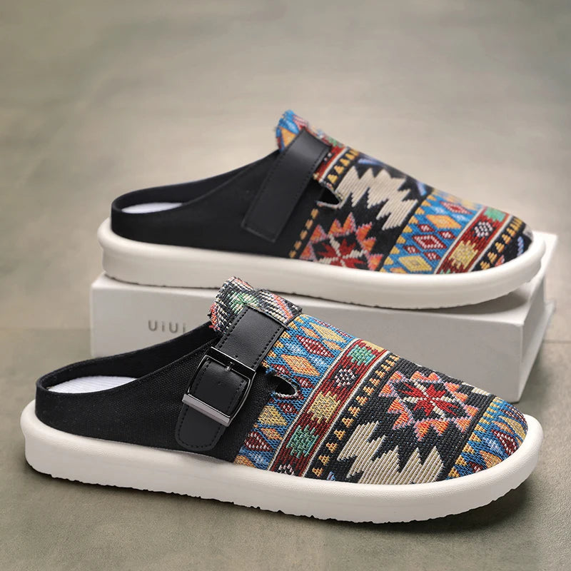 FBA Women's Ethnic Embroidered Linen Slippers | Handmade Comfort Sandals