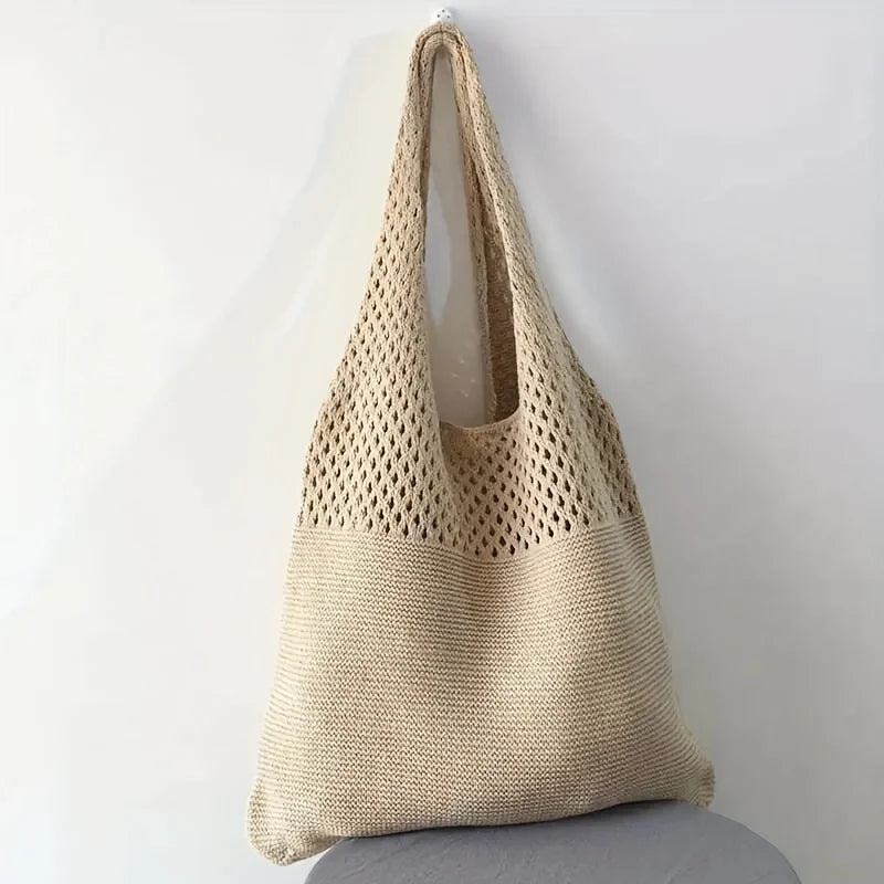 Women's Bohemian Knit Openwork Nylon Tote Bag – Casual Beach Shoulder Bag for Outings & Trips