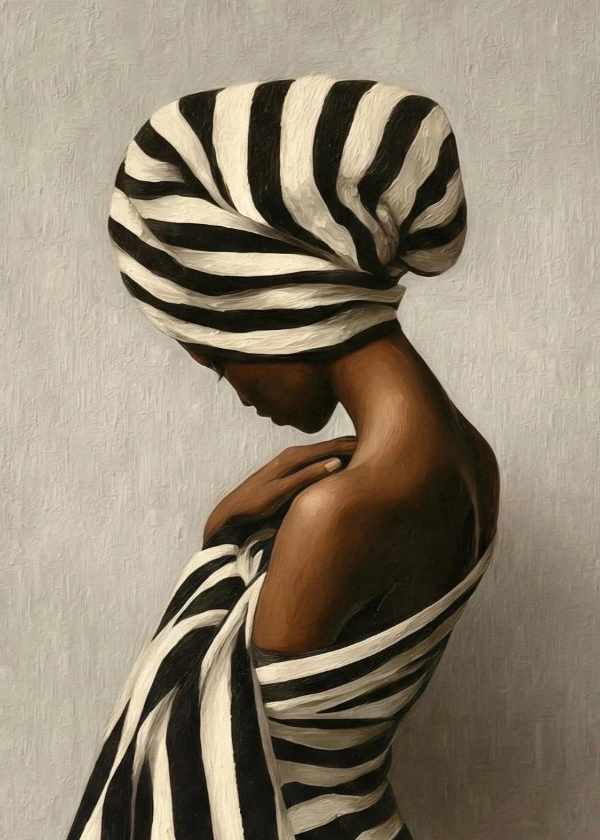 Abstract African Woman Black & White Stripes Canvas Print | Neutral Wall Art