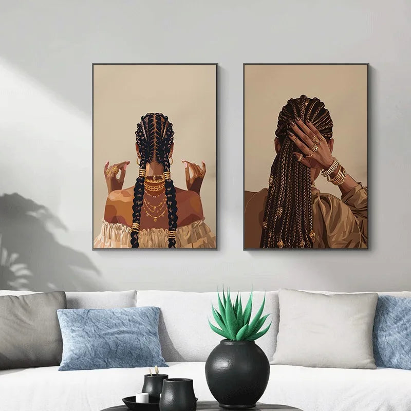 Black Woman Canvas Print | Cool Girl Hairstyle & Gold Jewelry Afro Wall Art