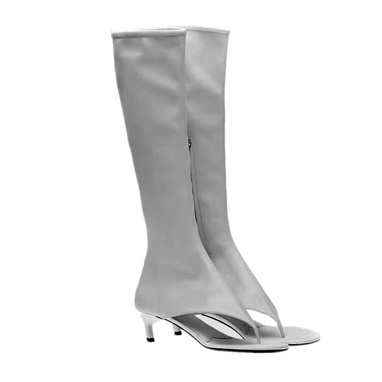 Women's Open Toe Knee-High Boot — Kitten Heel, Multi-Finish
