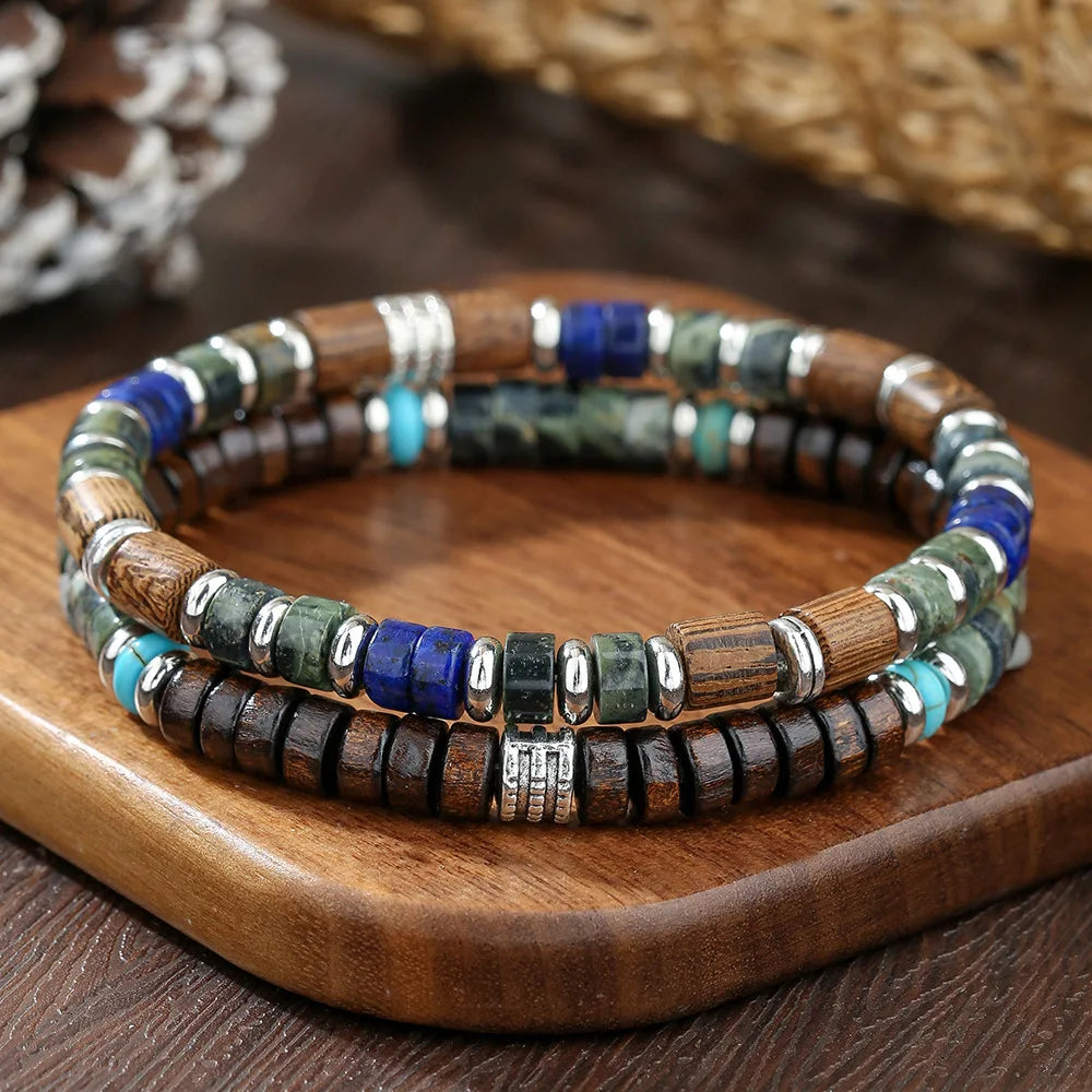 FBA Men's Tribal Wooden Lapis Lazuli Bracelet Set | Boho Jewelry