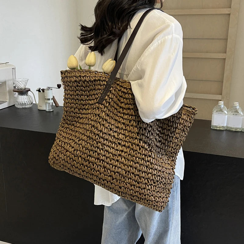 Straw Woven Casual Tote Bag for Women – Large Capacity Bohemian Beach Shoulder Handbag