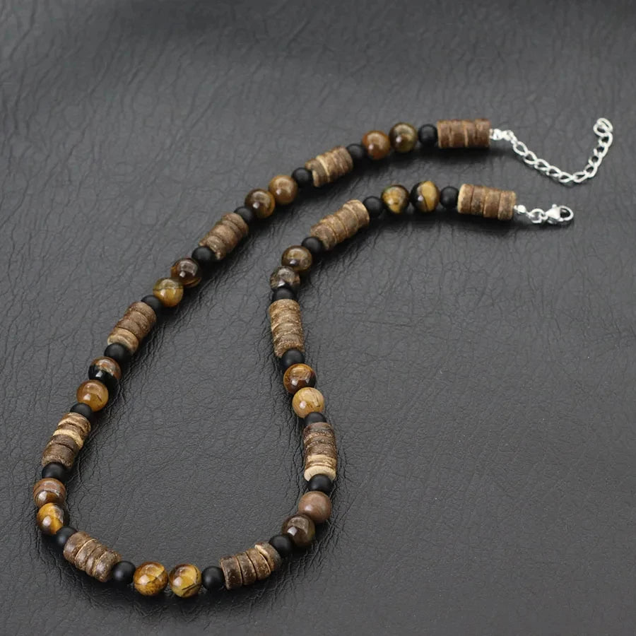 FBA Coconut Shell Lava Beaded Necklace for Men | Boho Wood Jewelry