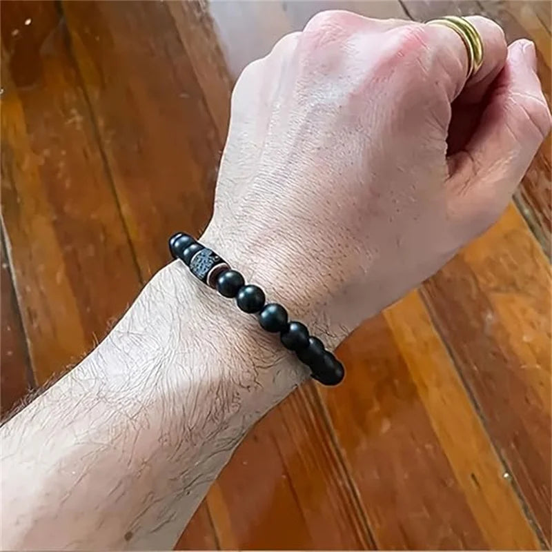 FBA Black Onyx & Lava Stone Elastic Bracelet for Men | Charm Jewelry