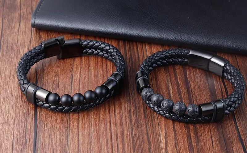 FBA Men's Beaded Leather Magnetic Clasp Bracelet | Natural Stone Jewelry