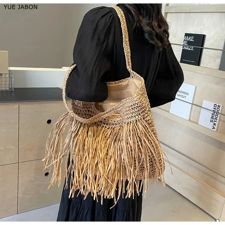 Women Tassel Straw Woven Tote Bag – Handmade Top-Handle Beach Shoulder Bag & Travel Purse