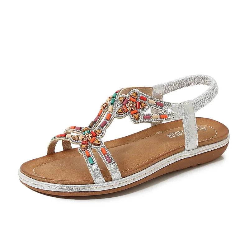 FBA Women's Rhinestone Bohemian Hollow Flat Sandals | Summer Casual Shoes