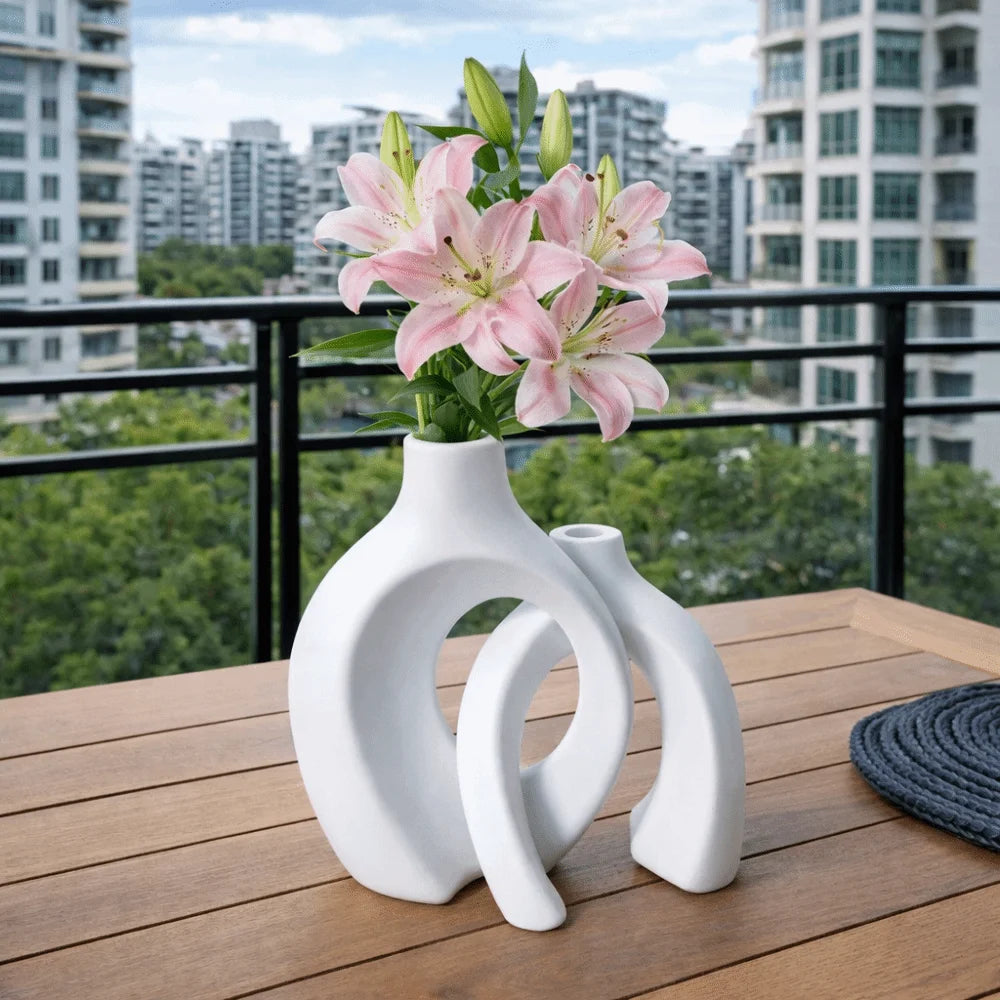 Minimalist Imitation Ceramic Vase Set | Nordic Hollow Plastic Vases for Living Room, Bedroom & Shelf Decor (2 Pieces)
