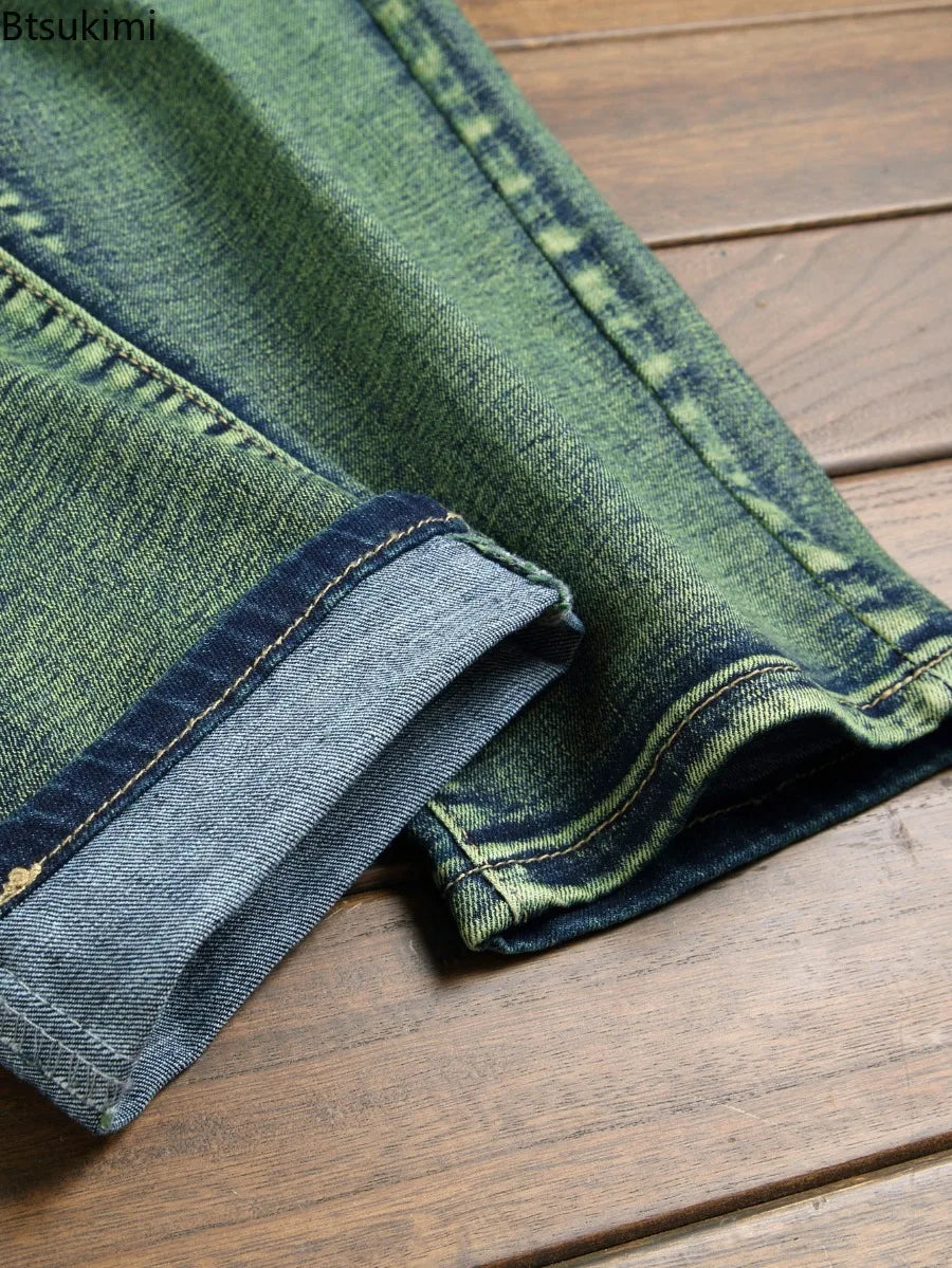 Men's Retro Hip Hop Slim Fit Patchwork Motorcycle Jeans – Pencil Trousers Distressed Streetwear Denim | Green | W28–W42 | FBA Vibes