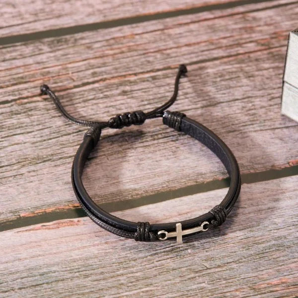 FBA Prayer Rosary Cross Natural Stone Leather Bracelet | Yoga Meditation Jewelry