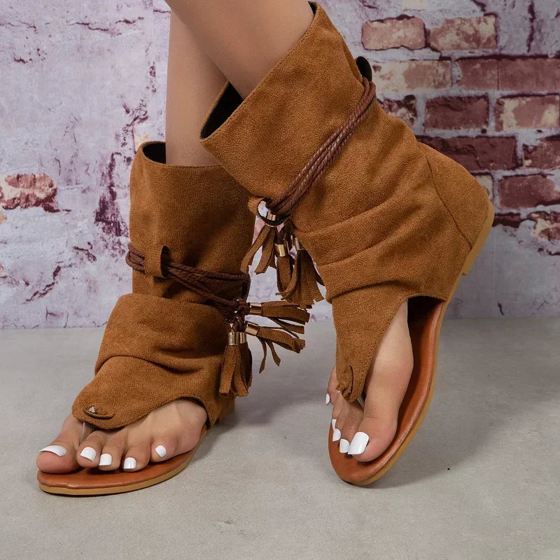 Women's Open Toe Flat Sandal Boot — Tassel Detail, Roman Style