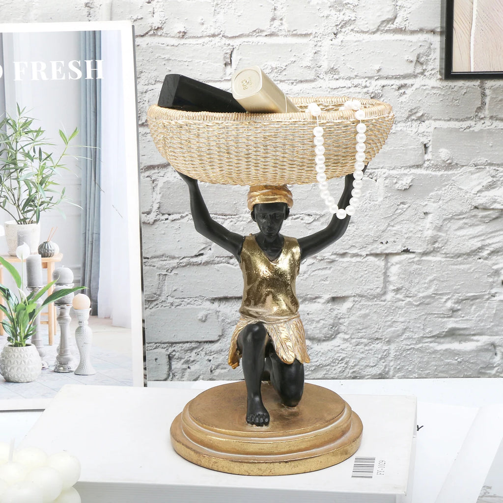 African Man Statue Tray | Tribal Resin Storage Basket & Home Organizer Decor