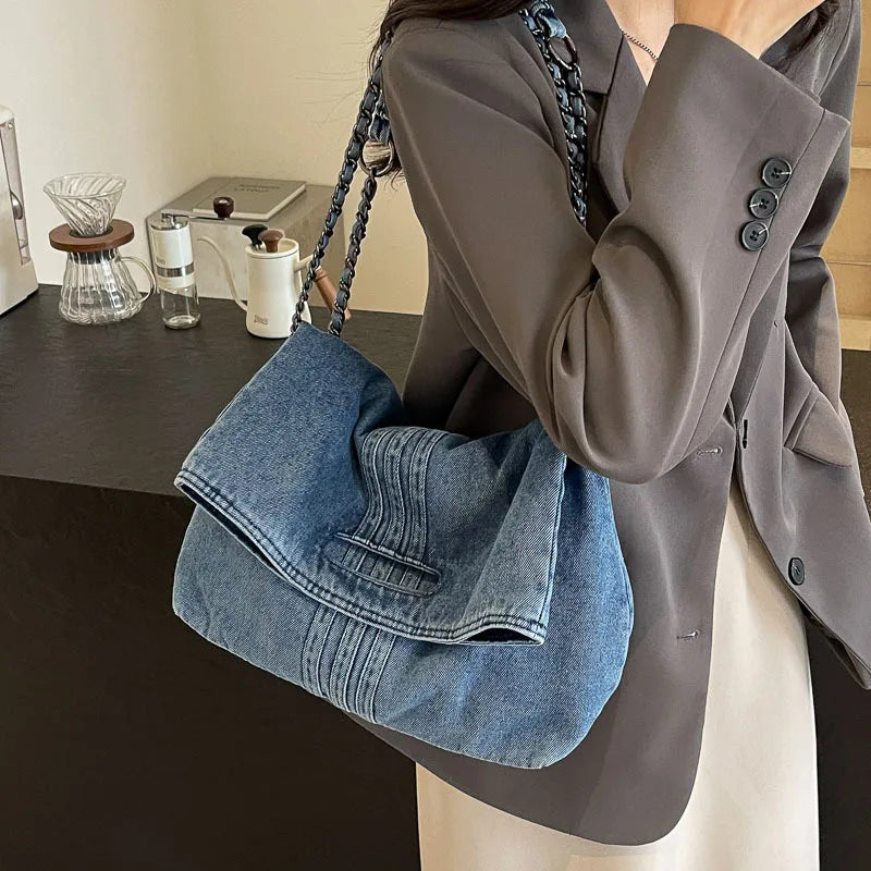 Denim Tote Bag with Chain Strap – Large Capacity Commuter Crossbody Bag