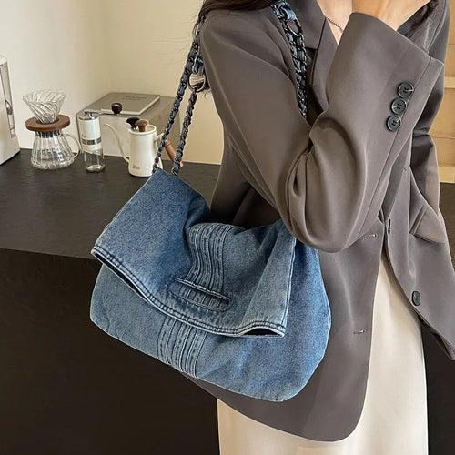 Denim Tote Bag with Chain Strap – Large Capacity Commuter Crossbody Bag