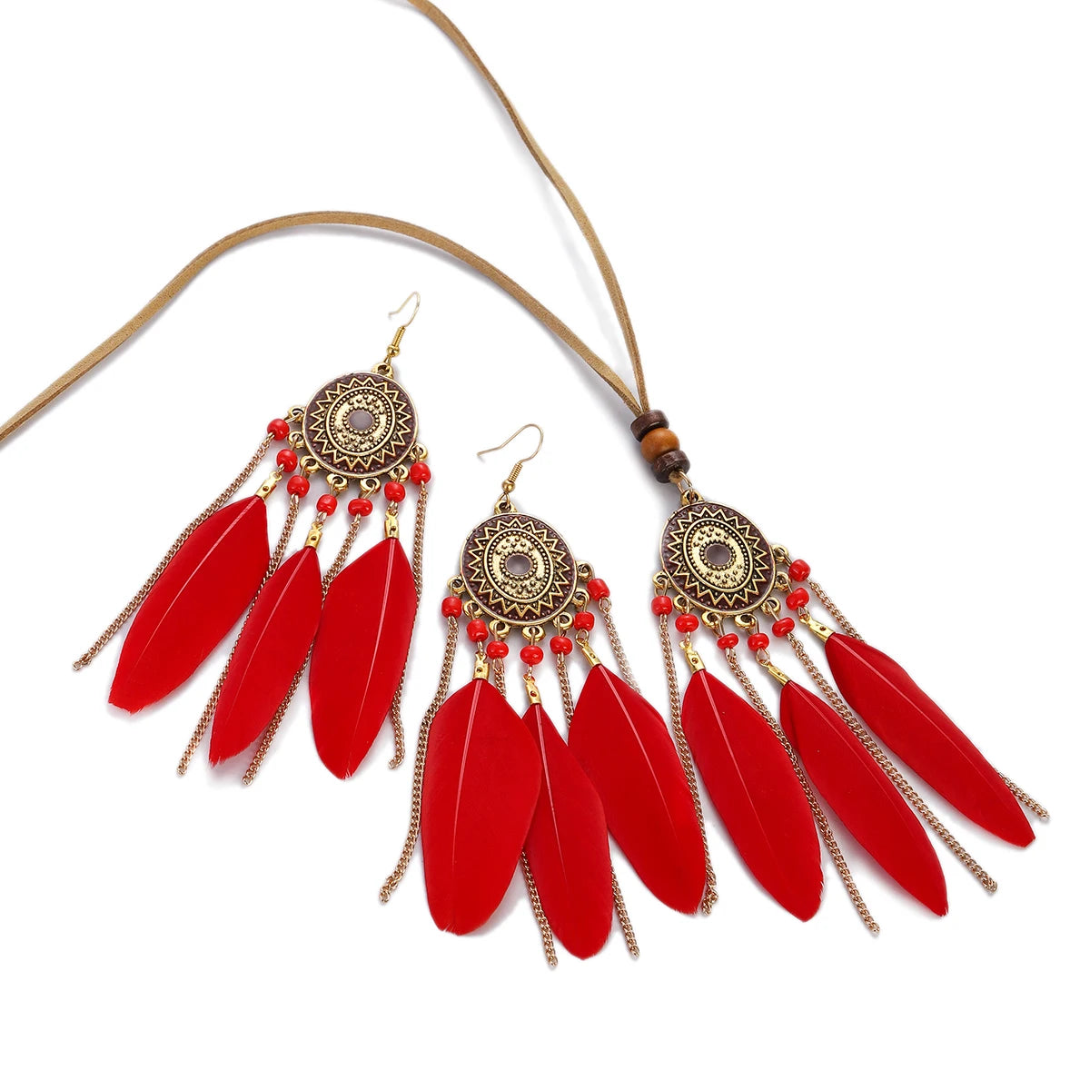 FBA Feather Necklace & Earring Set | Boho Tassel Jewelry