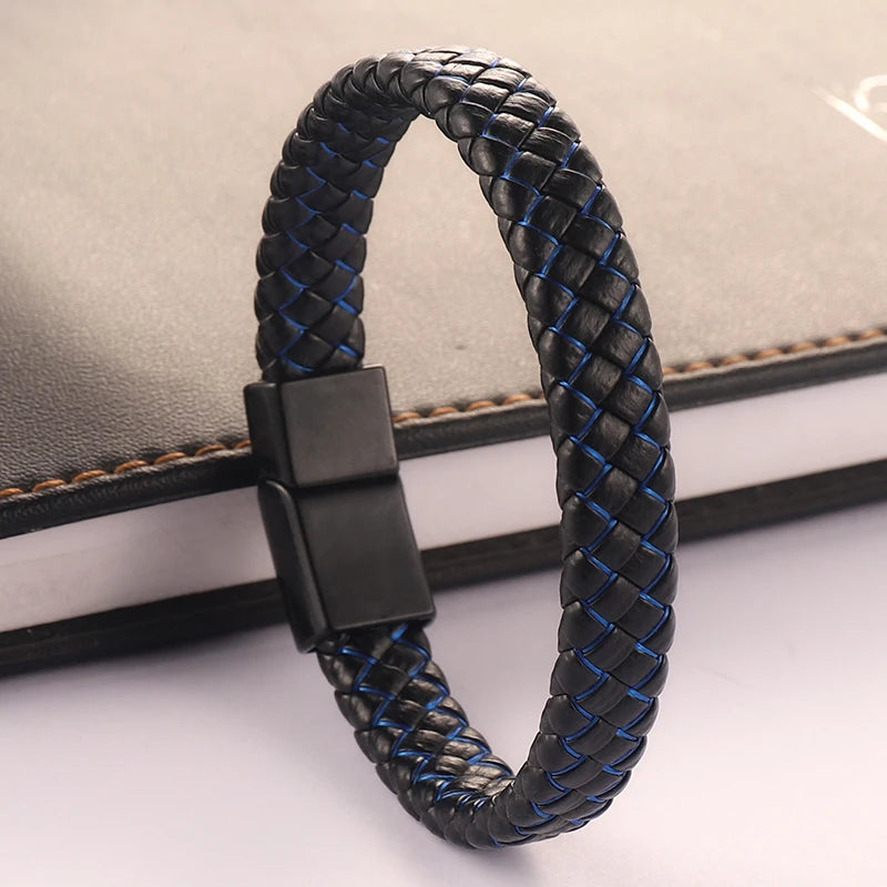 FBA Men's Black Braided Leather Magnetic Bracelet | Wristband Gift