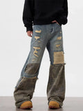 Men's American Retro Y2K Camouflage Patchwork Baggy Ripped Straight Leg Jeans – Vintage Blue Streetwear Denim | S–3XL | FBA Vibes