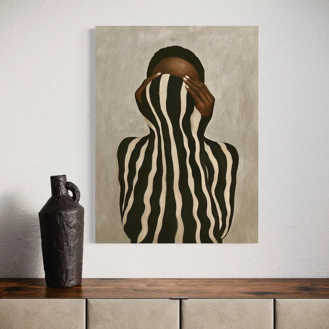 Afrocentric Abstract Black Woman Canvas Print | Black & White Stripes Neutral Wall Art