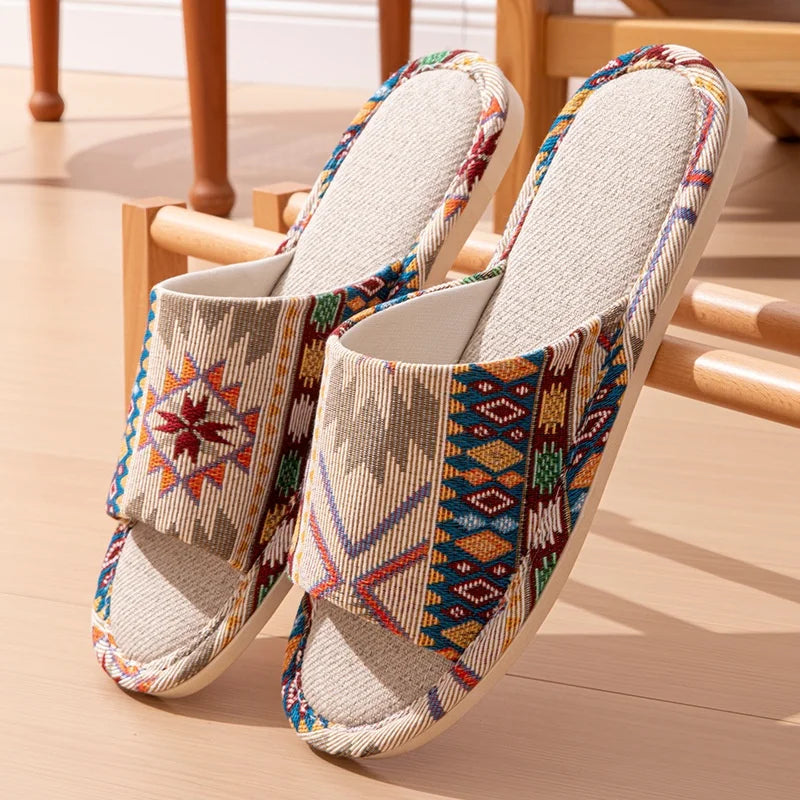 FBA Ethnic Linen Flip Flops | Unisex Retro Beach Sandals