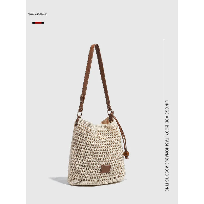 Woven Hollow PU Leather Bucket Tote Bag for Women – 2026 Spring Summer Beach Vacation Shoulder & Underarm Bag