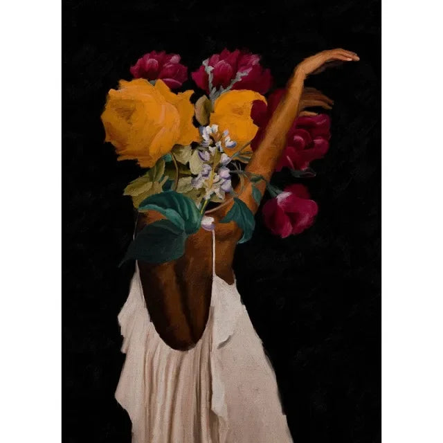 African American Woman Floral Canvas Print | Elegant Black Girl Wall Art for Living Room Home Decor
